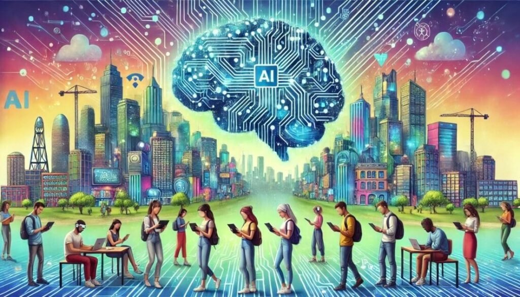 Students and professionals considering career paths with AI emerging in the background