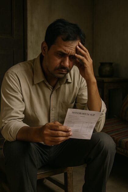 A distressed male contractual instructor holding a crumpled honorarium slip, sitting in a dimly lit rural home in India, reflecting financial hardship and emotional strain.
