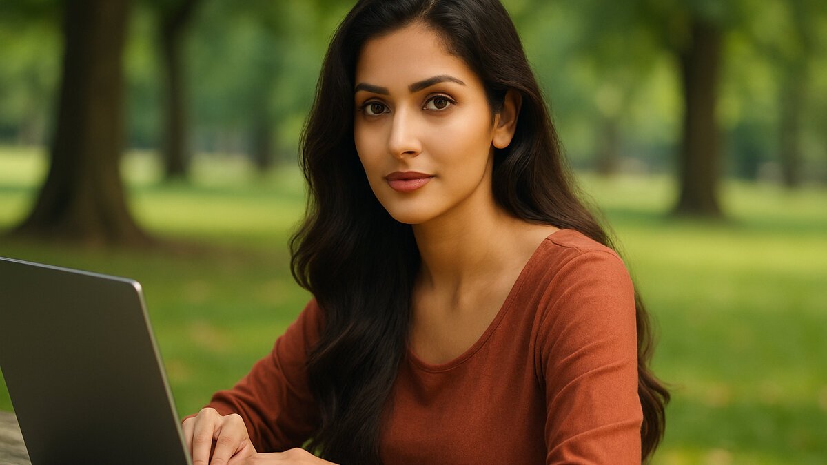 Beautiful young South Asian woman with long wavy hair, wearing a rust blouse, sitting at a wooden picnic table in a sunny park while using a laptop, symbolizing focus and balance in a digital detox lifestyle.