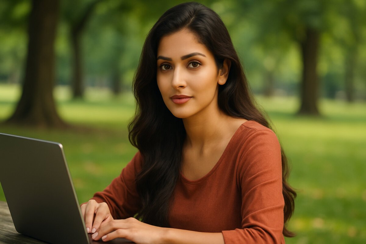Beautiful young South Asian woman with long wavy hair, wearing a rust blouse, sitting at a wooden picnic table in a sunny park while using a laptop, symbolizing focus and balance in a digital detox lifestyle.