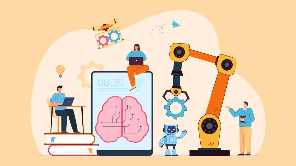 Robotic arm and human interacting over a screen representing human and AI working together