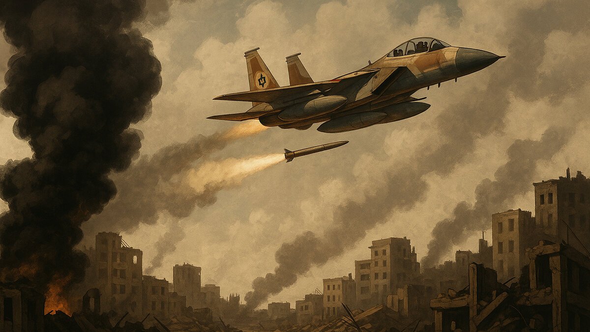 Israeli fighter jet launches a missile over a war-torn city, with smoke plumes rising from destroyed buildings and heavy devastation across the urban landscape.