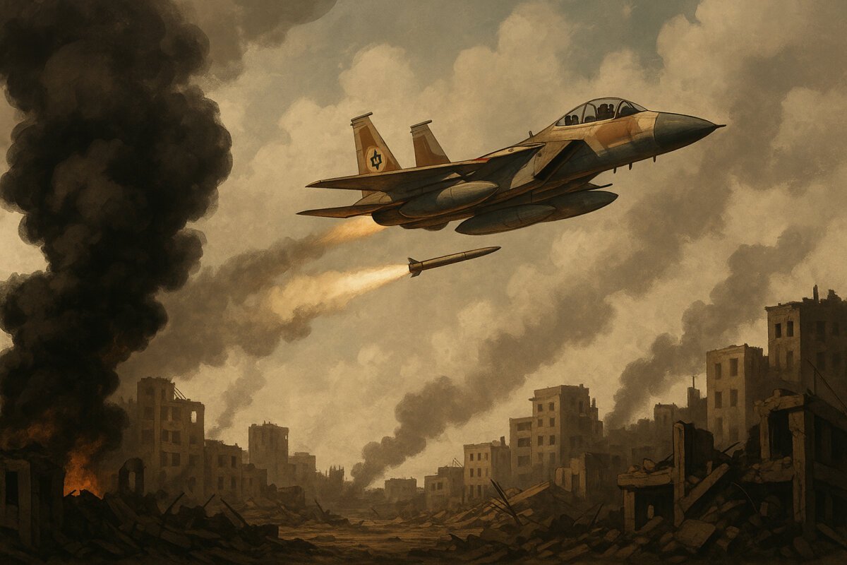 Israeli fighter jet launches a missile over a war-torn city, with smoke plumes rising from destroyed buildings and heavy devastation across the urban landscape.