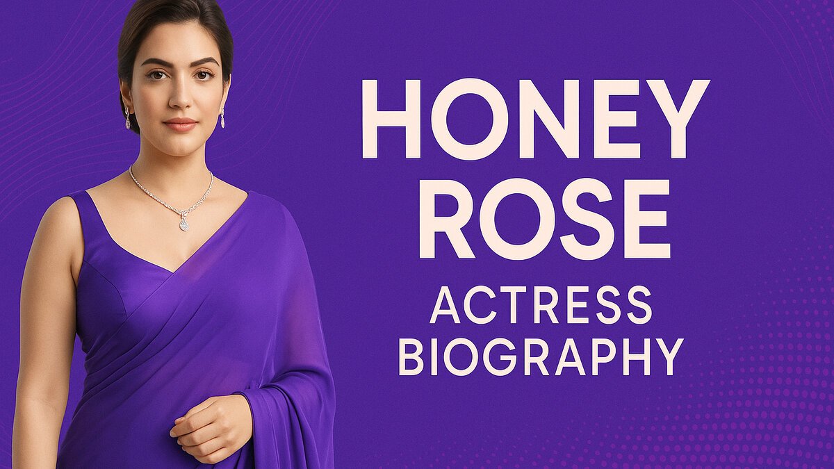 AI-generated image of Honey Rose – Elegant South Indian actress in a vibrant purple saree with diamond jewelry, standing against a modern purple graphic background, used for representational purposes only.
