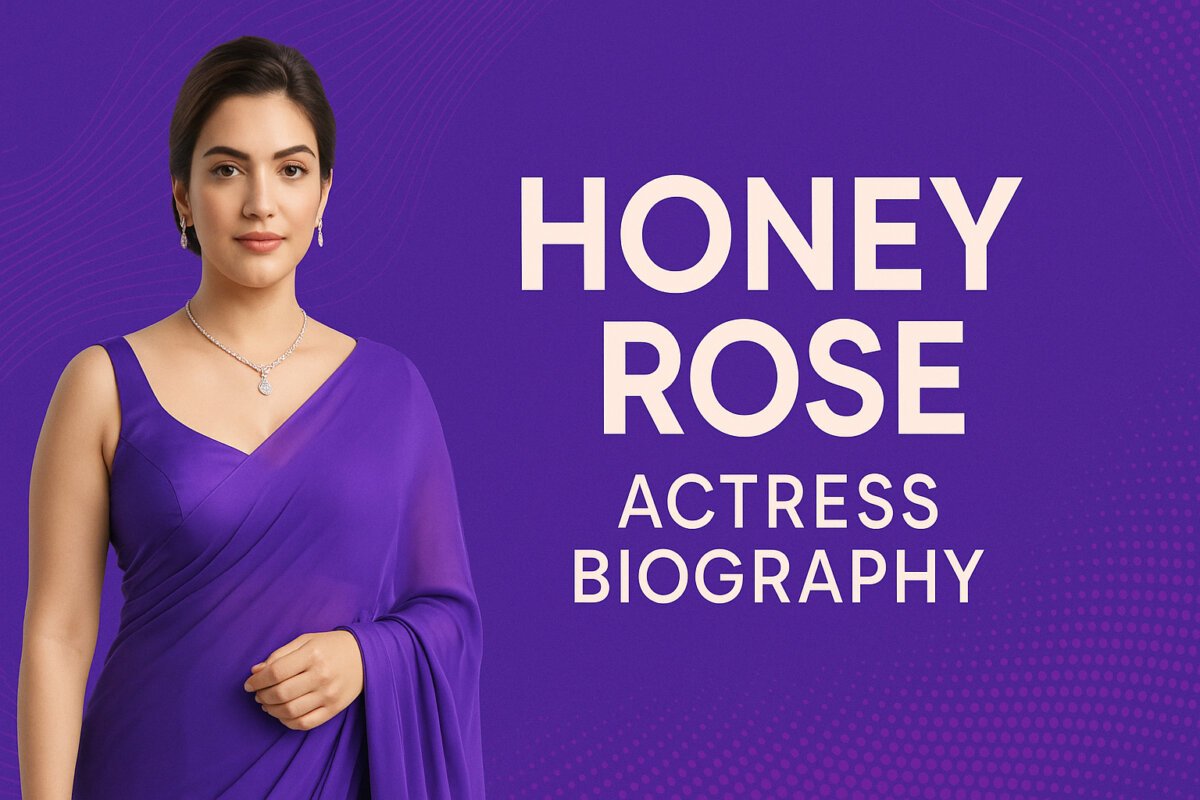 AI-generated image of Honey Rose – Elegant South Indian actress in a vibrant purple saree with diamond jewelry, standing against a modern purple graphic background, used for representational purposes only.