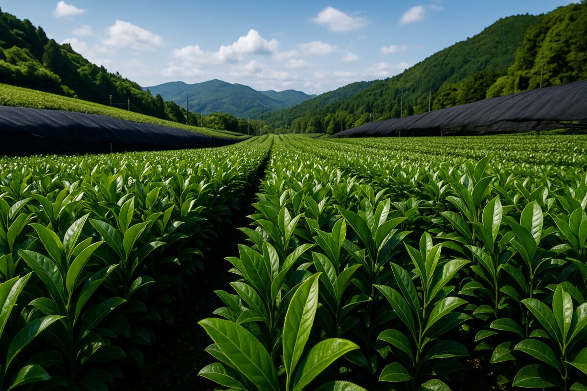 Lush matcha tea fields in Kyoto, Japan, with rows of vibrant green leaves growing under protective shade nets on a sunny day.
