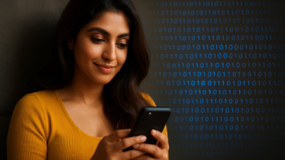 Beautiful young South Asian woman in a mustard sweater, smiling while using a smartphone, with a digital binary code background symbolizing technology and online connectivity.