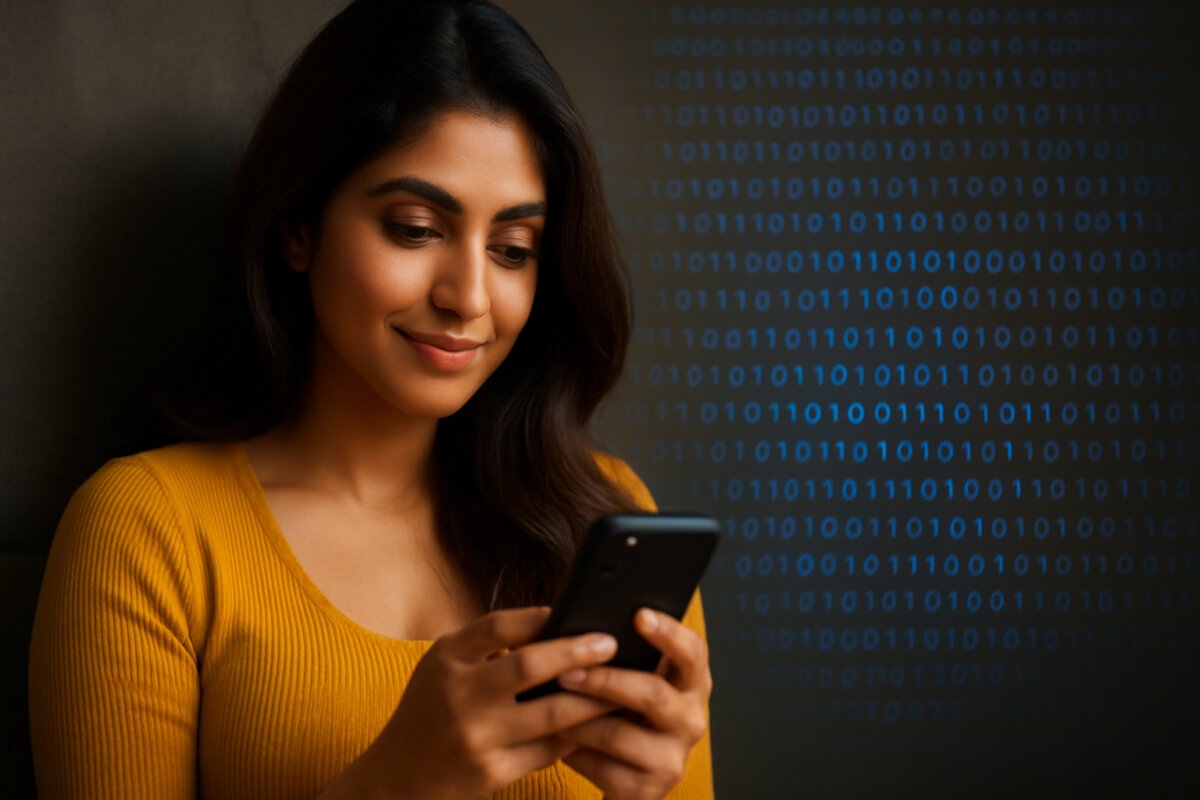 Beautiful young South Asian woman in a mustard sweater, smiling while using a smartphone, with a digital binary code background symbolizing technology and online connectivity.