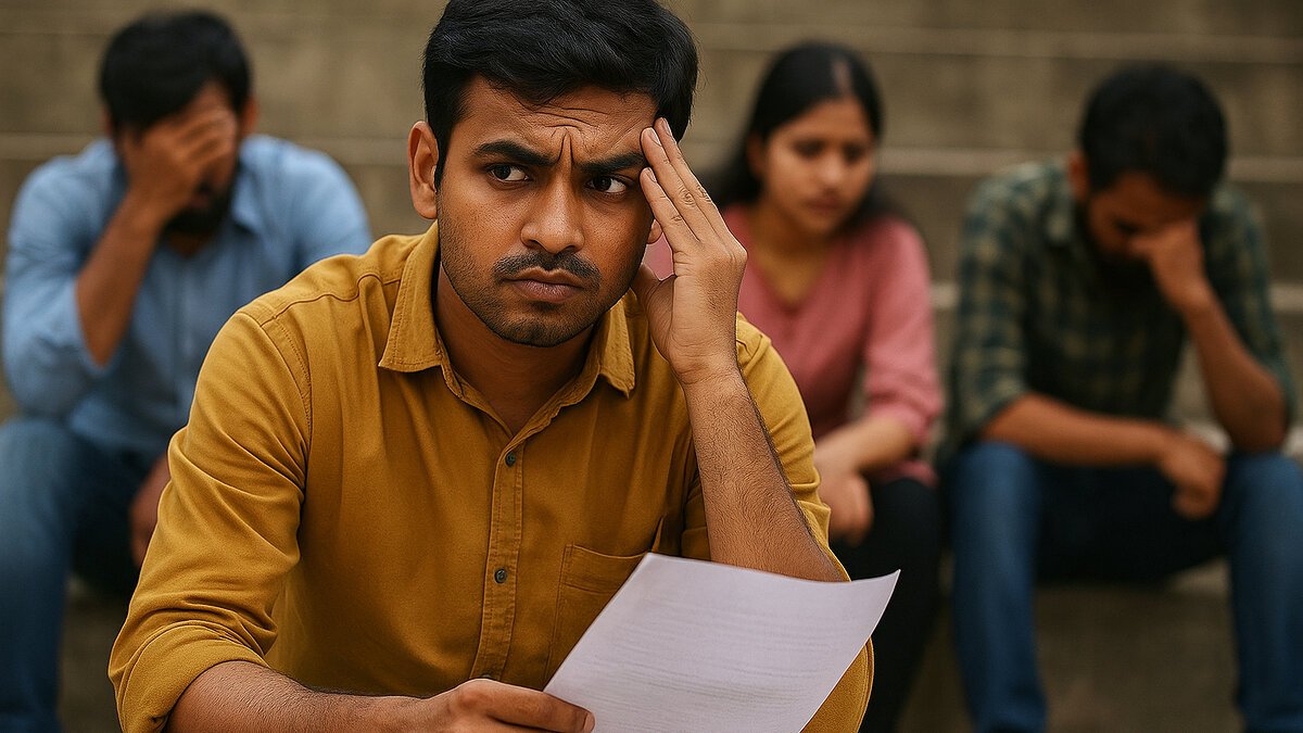 भारतीय युवा रोजगार संकट 2025 के बीच चिंतित युवक – बेरोज़गारी की हकीकत को दर्शाती तस्वीर