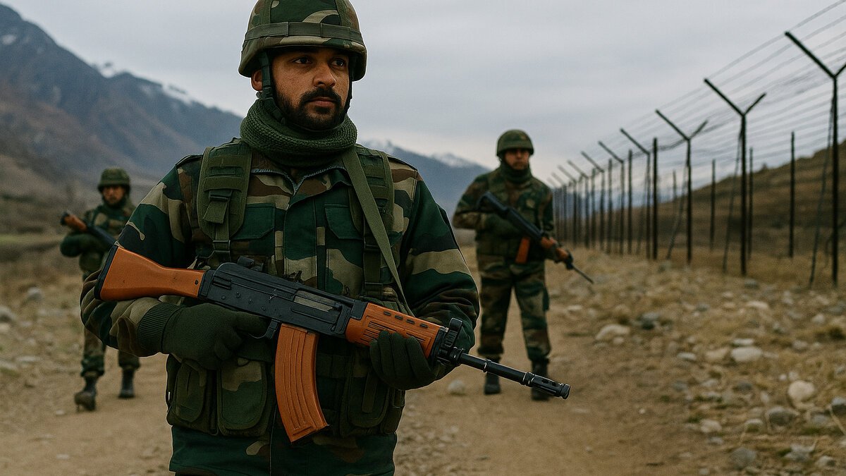 Indian Army soldiers patrolling a rugged border area, one in sharp focus holding a rifle, with barbed wire fencing and snow-capped mountains in the background under an overcast sky.