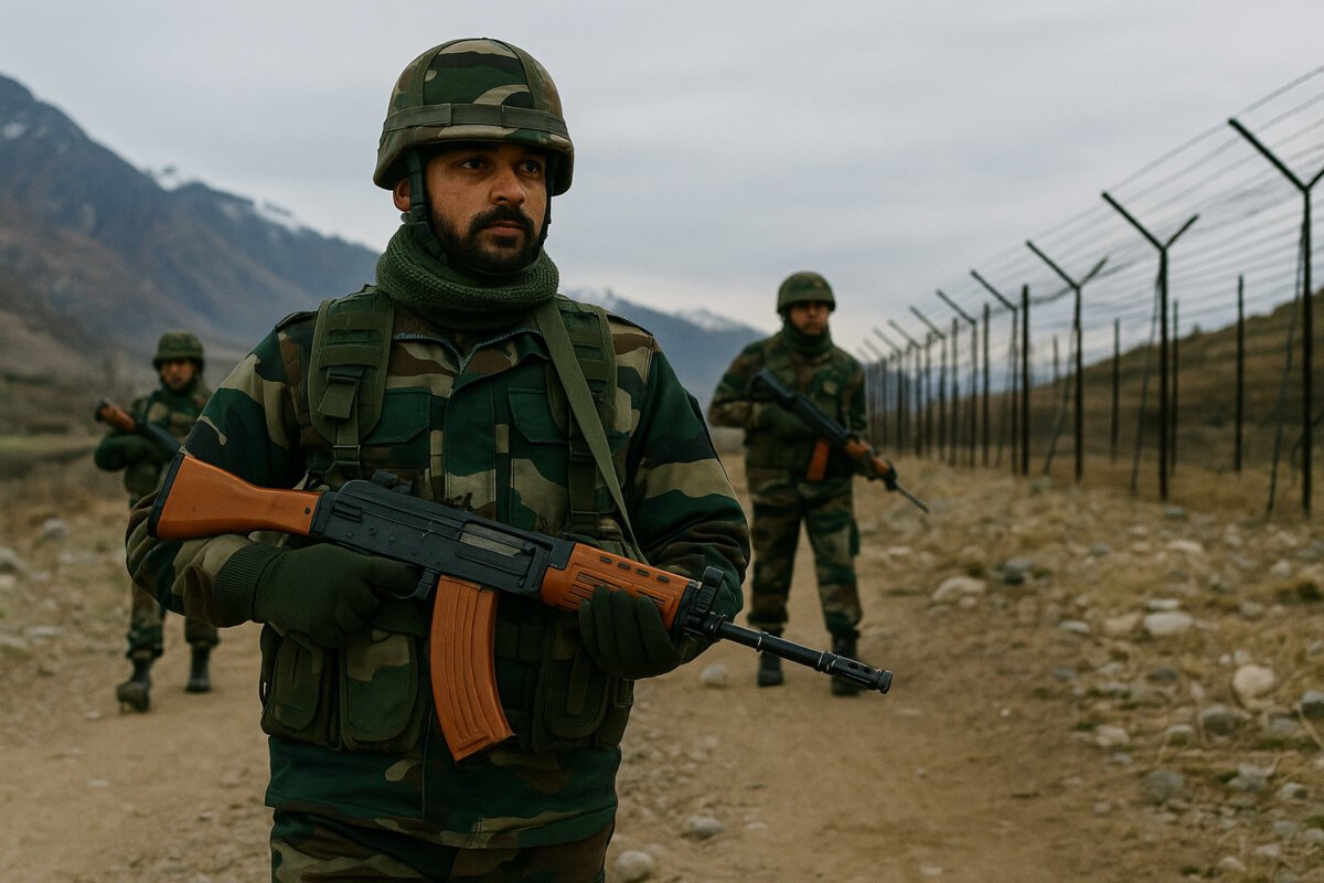 Indian Army soldiers patrolling a rugged border area, one in sharp focus holding a rifle, with barbed wire fencing and snow-capped mountains in the background under an overcast sky.