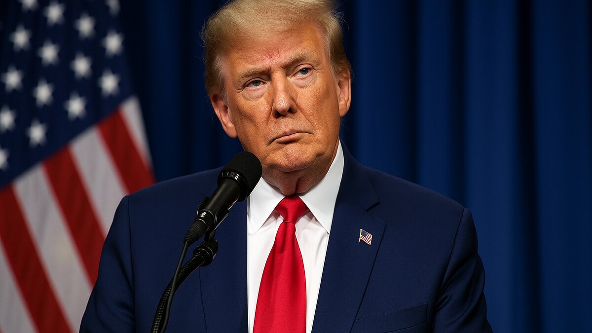 Donald Trump at a podium addressing the media, wearing a navy suit and red tie, with the American flag in the background – 25% tariff announcement on India.