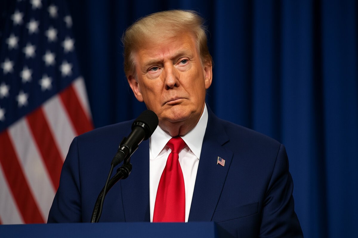 Donald Trump at a podium addressing the media, wearing a navy suit and red tie, with the American flag in the background – 25% tariff announcement on India.