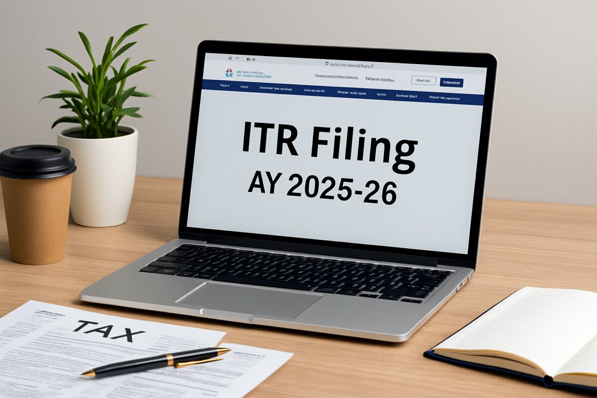 Laptop on a wooden desk showing the Income Tax e-filing portal for ITR Filing AY 2025-26, surrounded by tax papers, pen, coffee cup, and notebook