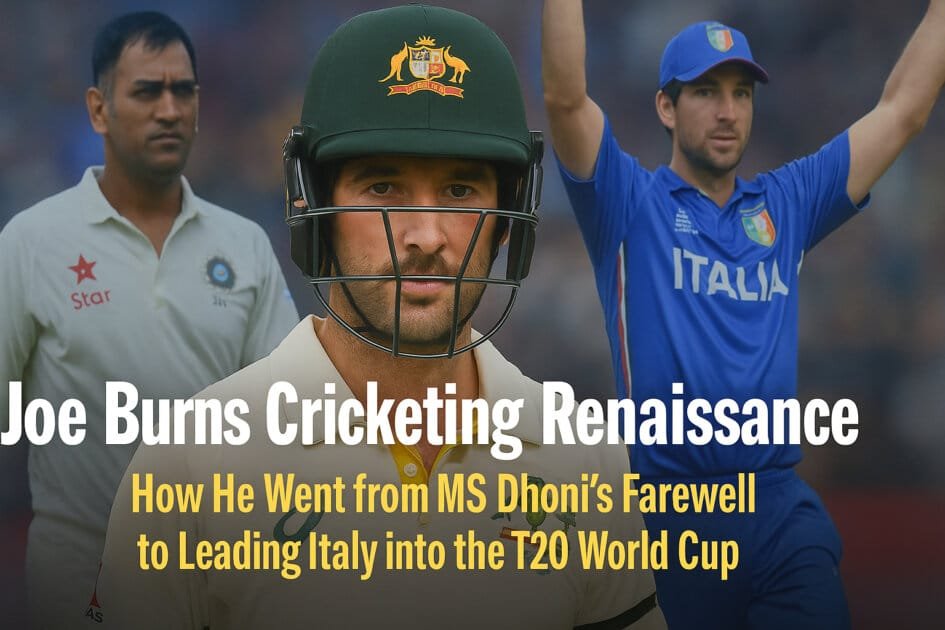 Joe Burns celebrating in Italy cricket jersey after scoring a century, symbolizing his leadership in the T20 World Cup journey.