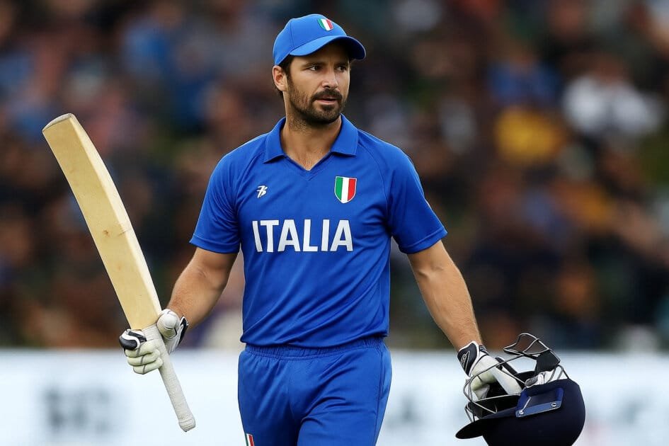 Joe Burns, captain of the Italy cricket team, standing with bat raised after a victorious match during the T20 World Cup qualification campaign.