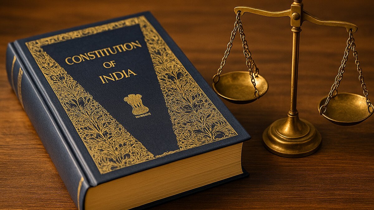 भारतीय संविधान की जागरूकता और न्याय का प्रतीक — संविधान की पुस्तक और संतुलन तराजू के साथ