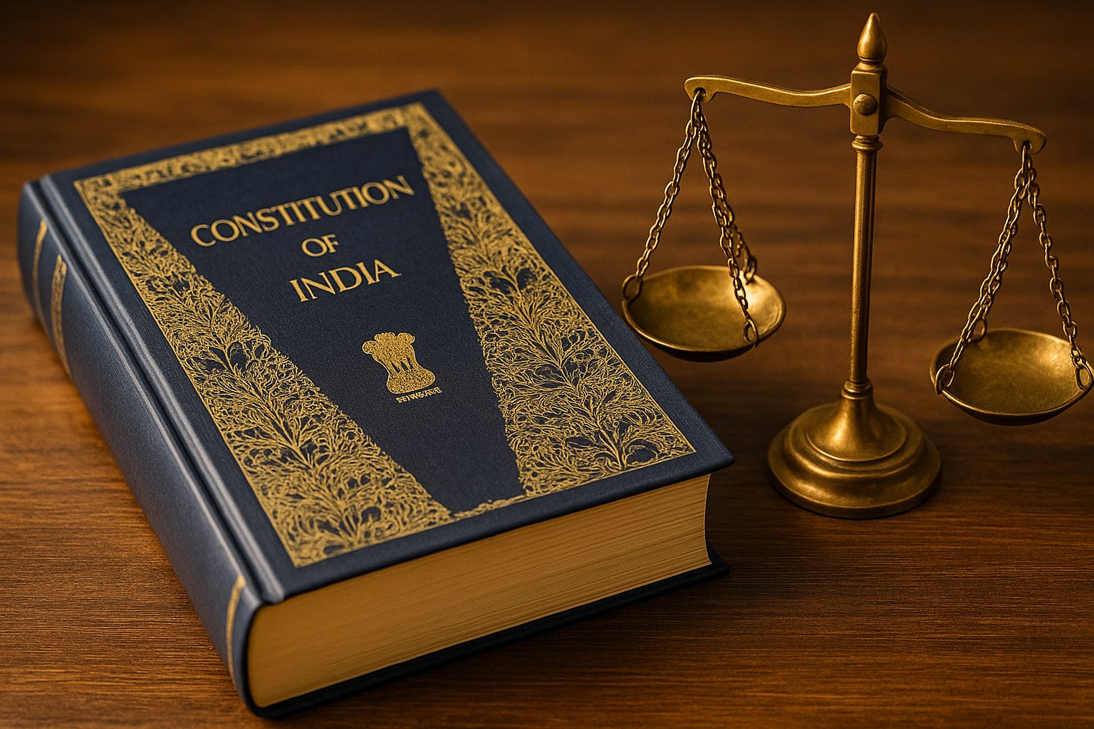 भारतीय संविधान की जागरूकता और न्याय का प्रतीक — संविधान की पुस्तक और संतुलन तराजू के साथ