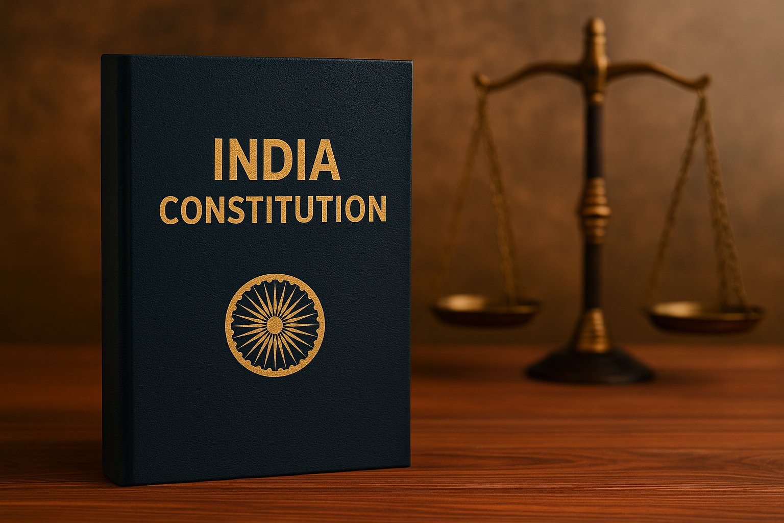 भारतीय संविधान की पुस्तक और न्याय का प्रतीक तराजू — संविधान की जागरूकता का प्रतीकात्मक चित्र