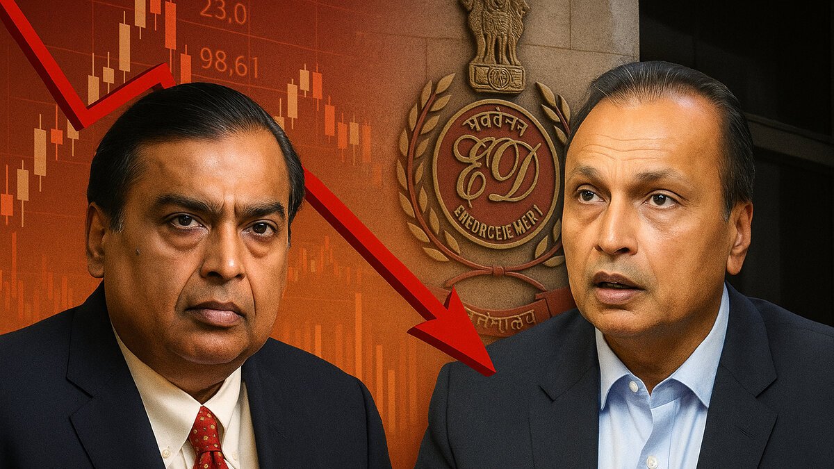 Digital illustration of Mukesh Ambani and Anil Ambani with Enforcement Directorate (ED) emblem and a red downward stock arrow highlighting the 2025 Anil Ambani ED Raid impact on Reliance Group.