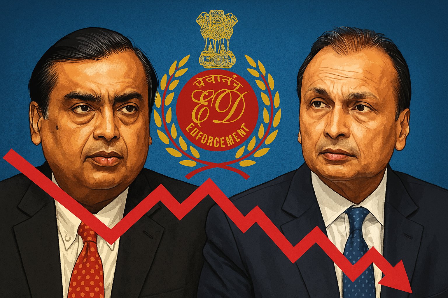 Illustration of Mukesh and Anil Ambani with Enforcement Directorate (ED) emblem and a red downward arrow, symbolizing the 2025 ED raid and its financial impact on Reliance Group stocks.Let me know if you'd like a shorter version, Hindi version, or to insert it directly into your article.