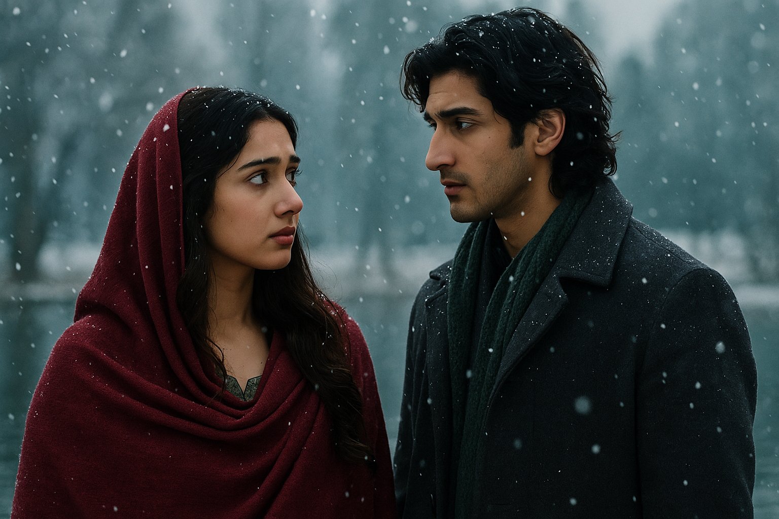 Saiyaara Movie: A South Asian couple standing together in snowfall, sharing a heartfelt gaze, capturing a romantic scene from a cinematic love story.