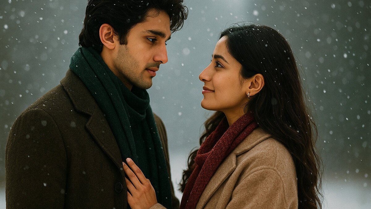 A young South Asian couple gazing lovingly at each other during snowfall, dressed in warm winter coats and scarves, standing close with soft expressions in a serene, snow-filled atmosphere.