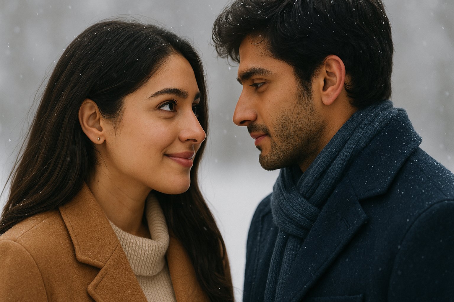 Saiyaara Movie: A young South Asian woman smiles warmly with affectionate eyes toward a man in a snow-covered setting, capturing a close-up winter moment of love and emotional connection between the couple.