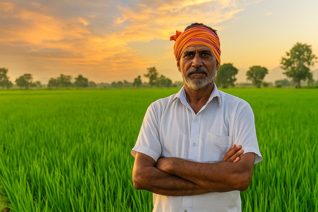 भारत में पुनर्योजी खेती: सूर्यास्त की सुनहरी रोशनी में हरे धान के खेत में खड़ा भारतीय किसान, सिर पर रंग-बिरंगी पगड़ी और हाथ बांधे हुए, जो ग्रामीण जीवन की मेहनत और गर्व को दर्शाता है।