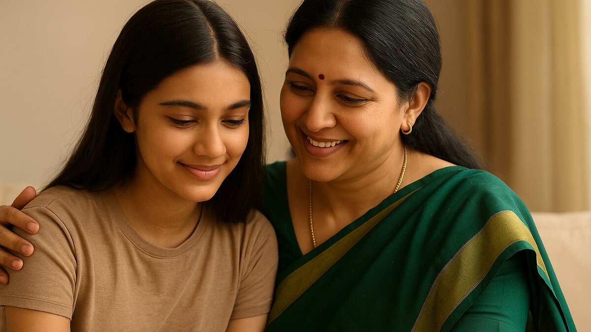 Indian mother lovingly guiding her teenage daughter while sitting together, showing warmth and emotional bonding.