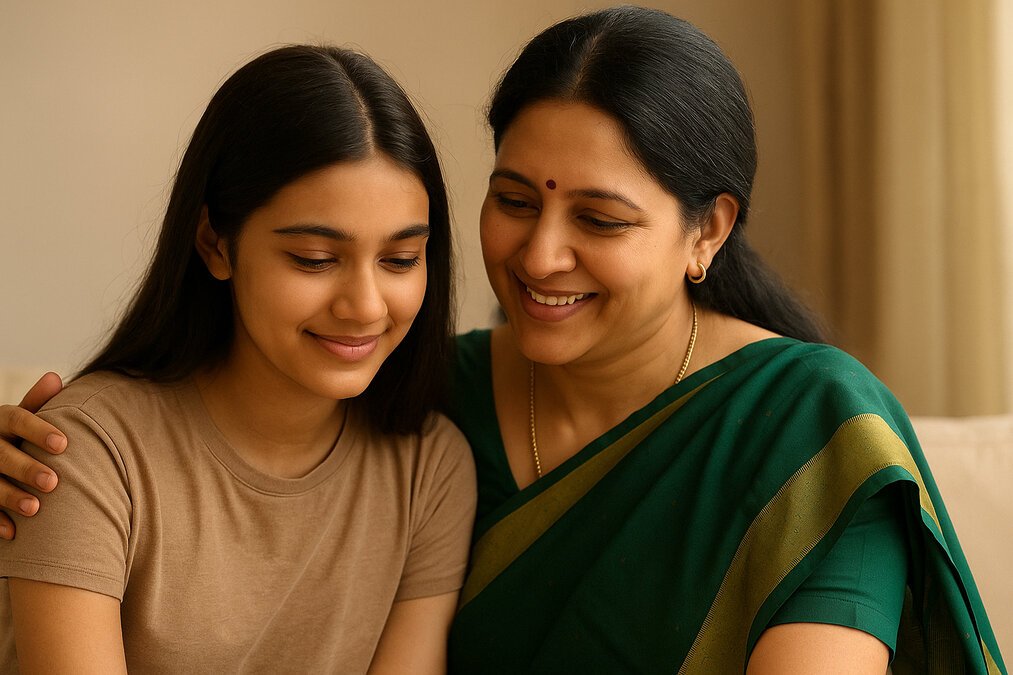 Indian mother lovingly guiding her teenage daughter while sitting together, showing warmth and emotional bonding.