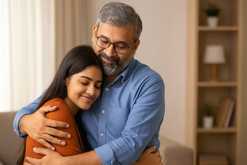 माँ-बेटी का रिश्ता: South Asian father hugging his daughter with affection, symbolizing care, support, and responsibility