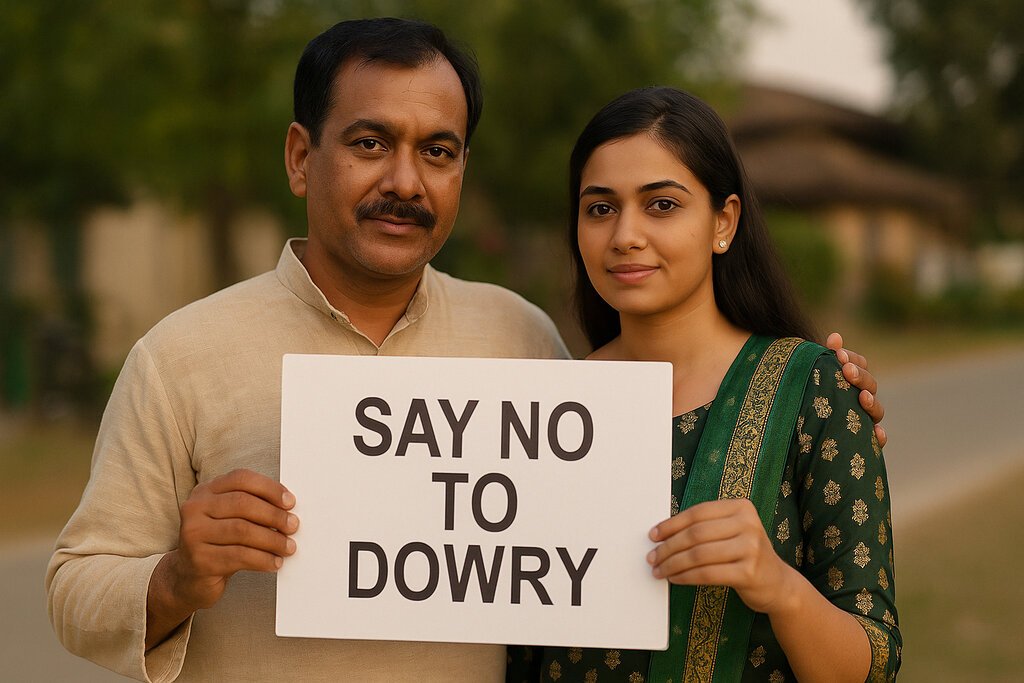 दहेज पर सख्त संदेश: Indian man and young woman holding a sign saying Say No to Dowry, promoting anti-dowry awareness.