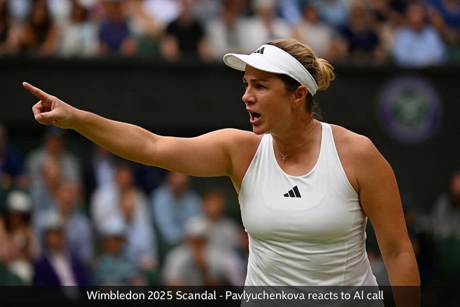 Wimbledon 2025 Scandal – Anastasia Pavlyuchenkova points to the baseline in frustration after a disputed AI line call.