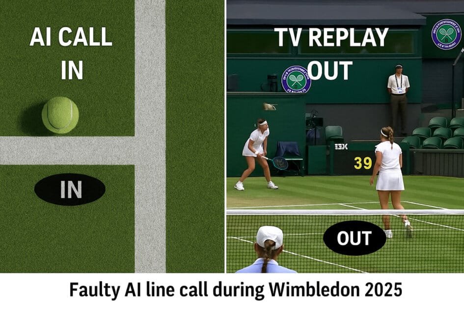 Faulty AI line call during Wimbledon 2025 showing split-screen: AI says ball is in, TV replay shows it is out.