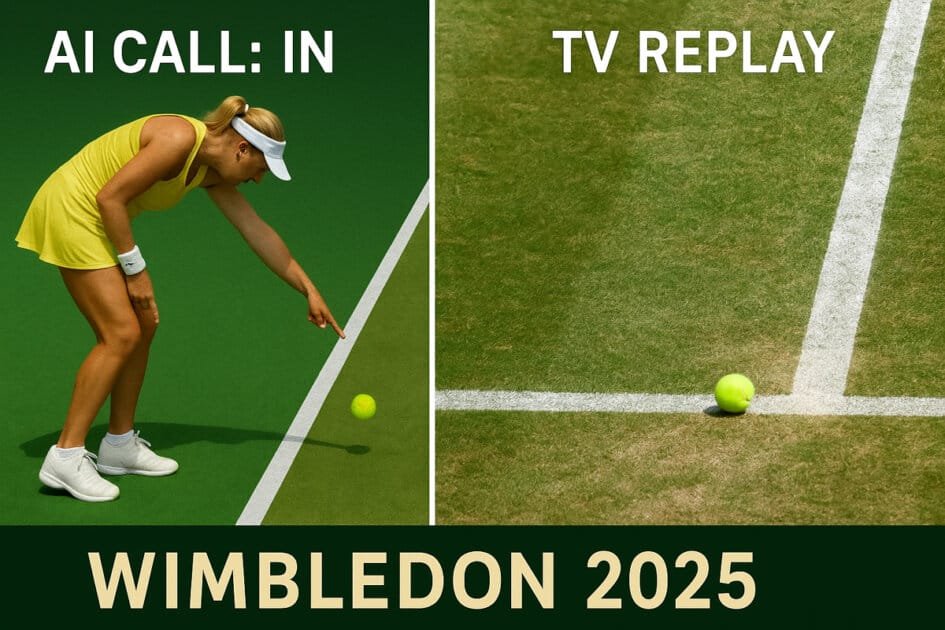 Wimbledon 2025 – Split-screen showing AI calling the ball “IN” while TV replay shows it just outside the line.