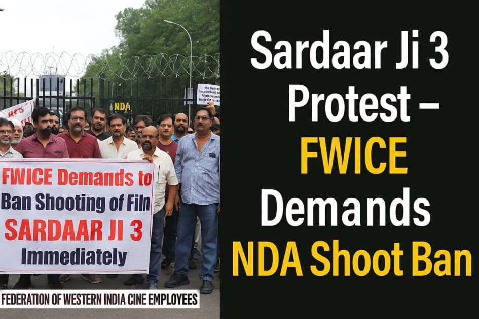 Sardaar Ji 3 protest – FWICE members demand NDA shoot ban during demonstration outside gates.