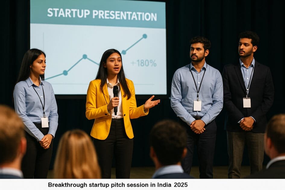 Breakthrough startup pitch session in India 2025 during regional innovation summit.