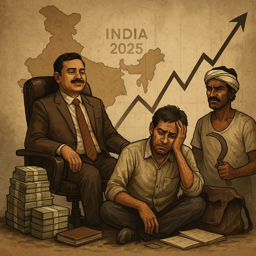 Visual representation of income inequality in India in 2025 showing a wealthy government official seated beside a distressed contractual worker and a frustrated farmer, against a backdrop of India's map and rising economic graph.
