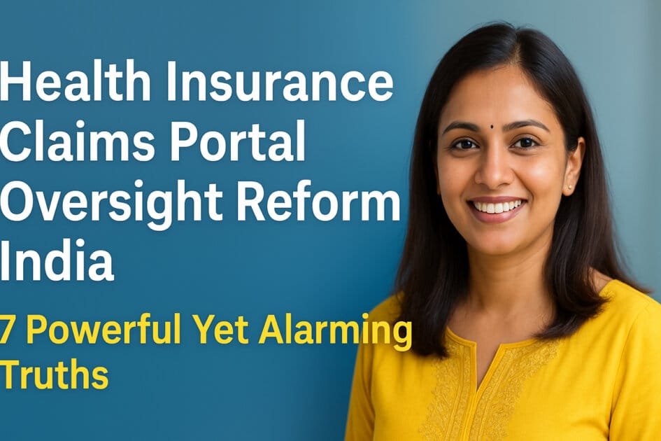 Smiling Indian woman in yellow outfit with headline about Health Insurance Claims Portal Oversight Reform