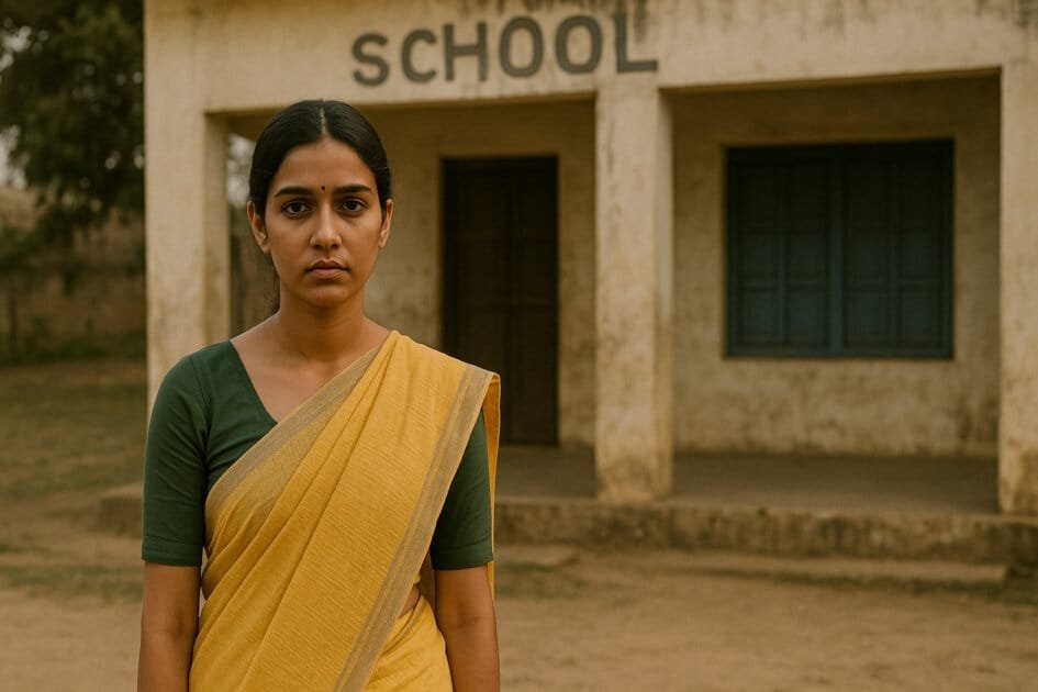 Vishwaguru Bharat - Serious-looking Indian female teacher in yellow saree standing in front of an old school building with a faded 'SCHOOL' sign, portraying the reality of rural education.
