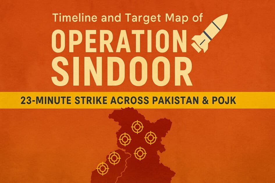 Operation Sindoor - This infographic titled “Timeline and Target Map of Operation Sindoor” uses a bold orange gradient background with large cream-colored text, a missile icon, and yellow crosshair symbols over a red-shaded map to visually represent India’s 23-minute precision strike on terrorist camps across Pakistan and PoJK.