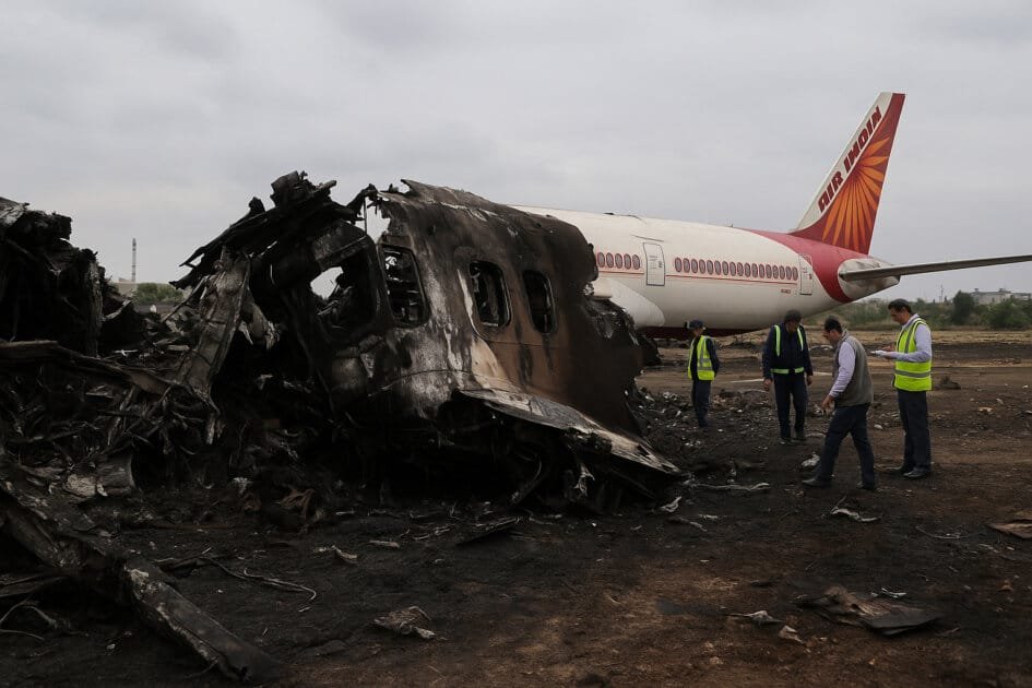 High-resolution image of the Air India Flight 171 crash site showing the charred front section of the aircraft and investigators in safety vests examining the wreckage, with the airline’s intact red-and-orange tail visible in the background under an overcast sky.