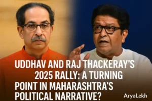 Uddhav and Raj Thackeray addressing a massive crowd at Shivaji Park during their 2025 rally, symbolizing political unity and regional resurgence in Maharashtra.
