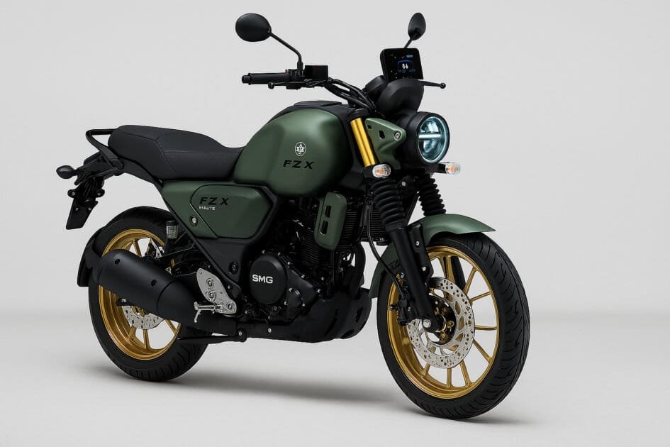 Yamaha FZ-X Hybrid 2025 in Matte Titan Green captured from right-side angle, showcasing its LED headlamp, TFT display, SMG hybrid branding, and gold alloy wheels.