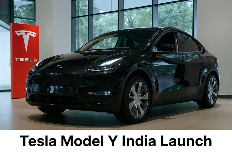 Tesla Model Y India Launch – Black EV displayed inside Tesla showroom with natural lighting