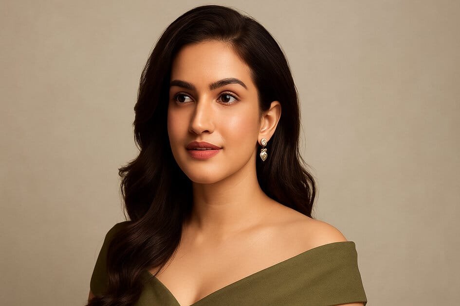 Honey Rose Actress Portrait in Olive Green Dress with Soft Background — Glamorous Look for Biography Feature