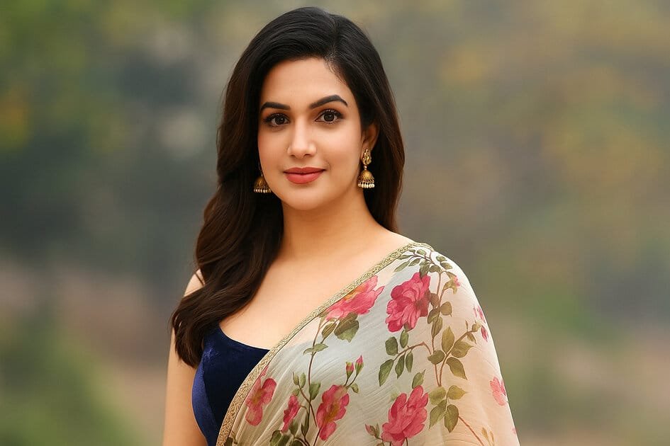 AI-generated image of Honey Rose Actress in floral saree and royal blue blouse, posing gracefully in natural outdoor light with a soft green background