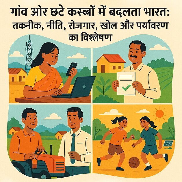 बदलता भारत: गाँव और छोटे कस्बों में बदलता भारत-  भारत के गाँव और छोटे कस्बों में तकनीक, रोजगार, नीति, खेल और पर्यावरण के क्षेत्रों में हो रहे बदलाव को दर्शाता चित्र – ग्रामीण डिजिटल महिला, नीति लाभार्थी, किसान, और खेल में लड़कियाँ।