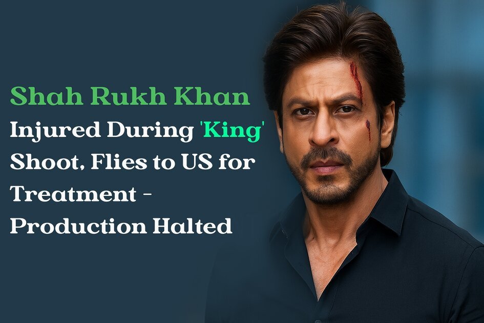 A digital photograph features Bollywood actor Shah Rukh Khan with a visible injury on his forehead, wearing a black shirt, standing against a blurred modern background.